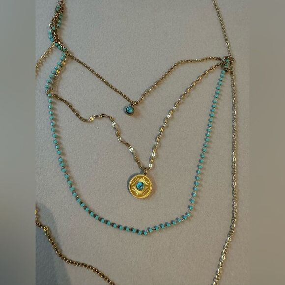 Elegant Gold and Turquoise Layered Necklace A1479 - Picture 4 of 5